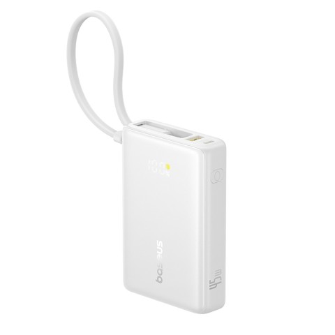 
„PicoGo“ 10000mAh 45W USB-A USB-C išorinė baterija su integruotu ekrano laidu – balta
