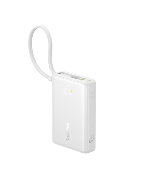 
„PicoGo“ 10000mAh 45W USB-A USB-C išorinė baterija su integruotu ekrano laidu – balta

