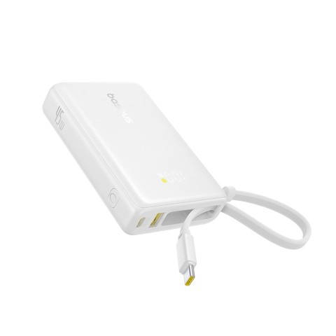 
„PicoGo“ 10000mAh 45W USB-A USB-C išorinė baterija su integruotu ekrano laidu – balta
