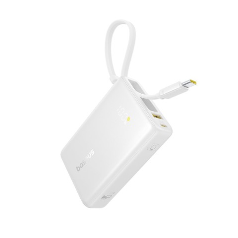 
„PicoGo“ 10000mAh 45W USB-A USB-C išorinė baterija su integruotu ekrano laidu – balta
