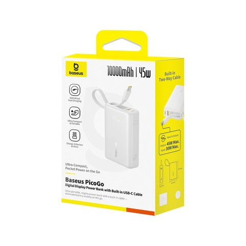 
„PicoGo“ 10000mAh 45W USB-A USB-C išorinė baterija su integruotu ekrano laidu – balta
