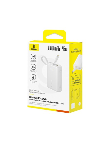
„PicoGo“ 10000mAh 45W USB-A USB-C išorinė baterija su integruotu ekrano laidu – balta
