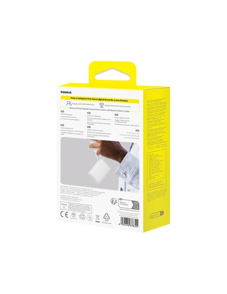 
„PicoGo“ 10000mAh 45W USB-A USB-C išorinė baterija su integruotu ekrano laidu – balta
