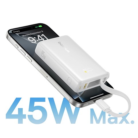 
„PicoGo“ 10000mAh 45W USB-A USB-C išorinė baterija su integruotu ekrano laidu – balta
