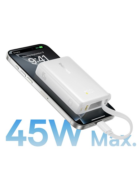 
„PicoGo“ 10000mAh 45W USB-A USB-C išorinė baterija su integruotu ekrano laidu – balta

