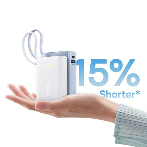 
„PicoGo“ 10000mAh 45W USB-A USB-C išorinė baterija su integruotu ekrano laidu – balta
