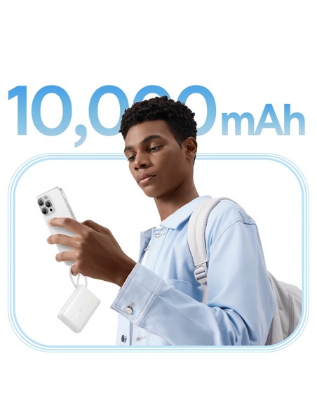 
„PicoGo“ 10000mAh 45W USB-A USB-C išorinė baterija su integruotu ekrano laidu – balta
