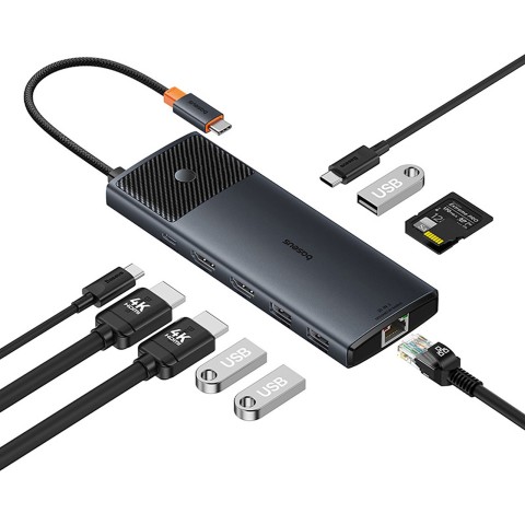 
ŠAKOS adapterio skirstytuvas 10in1 HDMI USB-A USB-C RJ45 SD TF - pilkas
