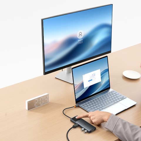 
ŠAKOS adapterio skirstytuvas 10in1 HDMI USB-A USB-C RJ45 SD TF - pilkas
