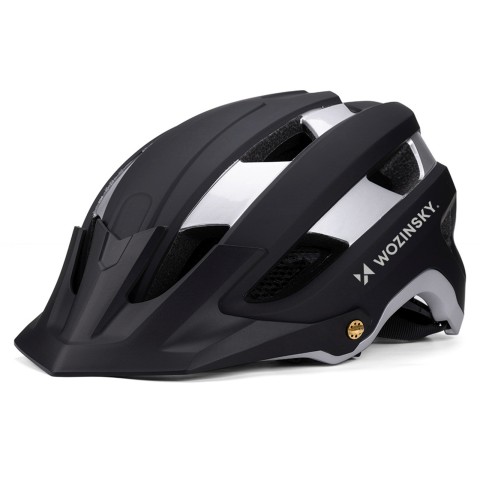 
MTB dviračio šalmas su nuimamu skydeliu, lengvas, 57–62 cm – juodas ir sidabrinis
