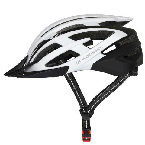 
MTB dviračio šalmas su nuimamu skydeliu ir USB galiniu žibintu 54–57 cm – juodas ir baltas
