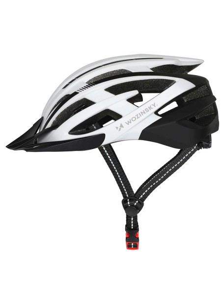 
MTB dviračio šalmas su nuimamu skydeliu ir USB galiniu žibintu 54–57 cm – juodas ir baltas

