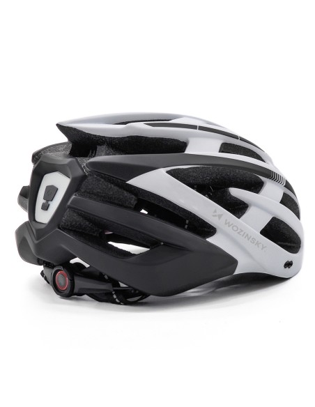 
MTB dviračio šalmas su nuimamu skydeliu ir USB galiniu žibintu 54–57 cm – juodas ir baltas
