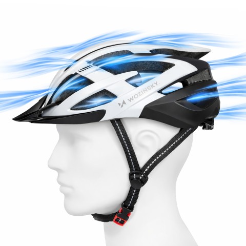 
MTB dviračio šalmas su nuimamu skydeliu ir USB galiniu žibintu 54–57 cm – juodas ir baltas
