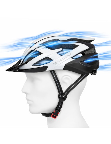 
MTB dviračio šalmas su nuimamu skydeliu ir USB galiniu žibintu 54–57 cm – juodas ir baltas
