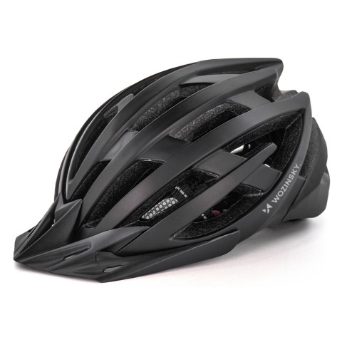 
MTB dviračio šalmas su nuimamu skydeliu ir USB galiniu žibintu 57–62 cm – juodas
