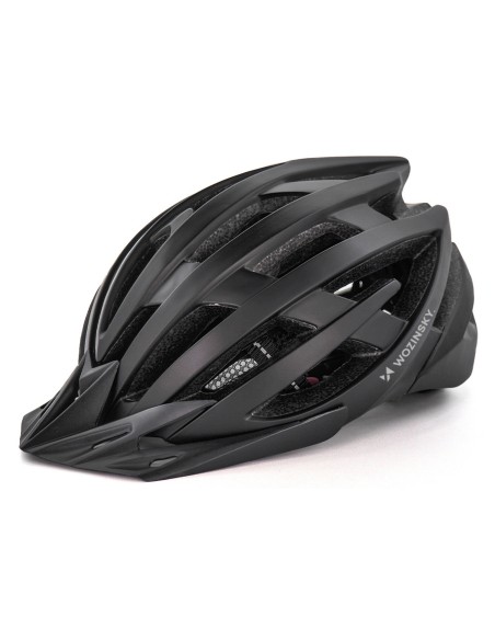 
MTB dviračio šalmas su nuimamu skydeliu ir USB galiniu žibintu 57–62 cm – juodas
