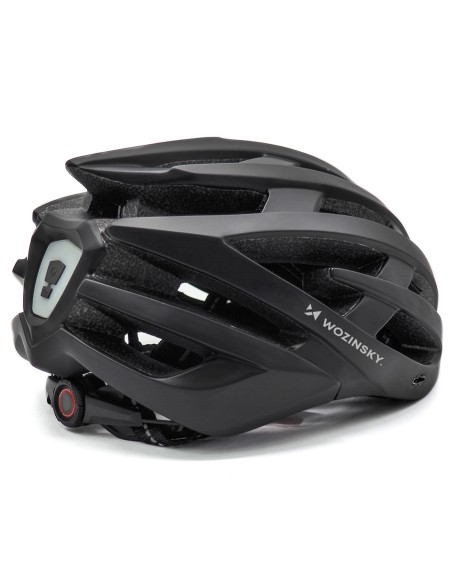 
MTB dviračio šalmas su nuimamu skydeliu ir USB galiniu žibintu 57–62 cm – juodas
