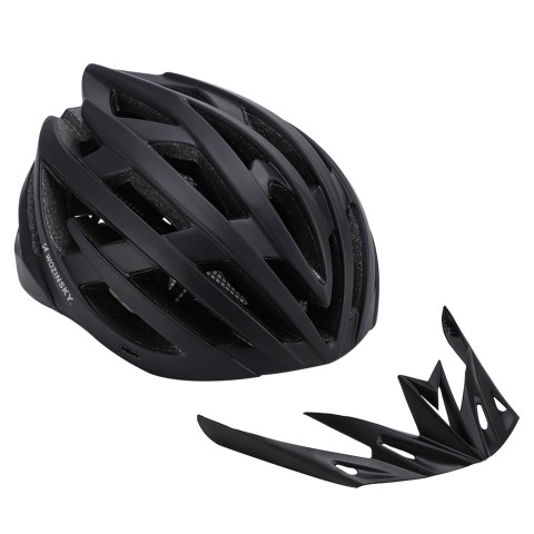 
MTB dviračio šalmas su nuimamu skydeliu ir USB galiniu žibintu 57–62 cm – juodas
