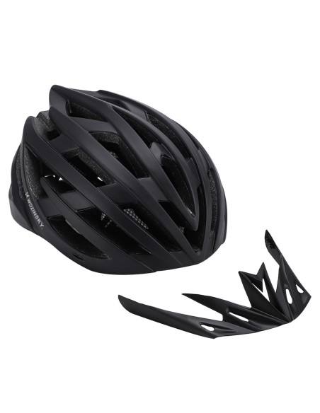 
MTB dviračio šalmas su nuimamu skydeliu ir USB galiniu žibintu 57–62 cm – juodas

