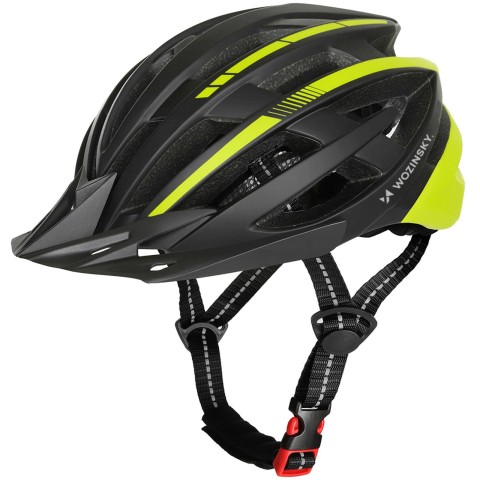
MTB dviračio šalmas su nuimamu skydeliu ir USB galiniu žibintu 57–62 cm – juodas ir geltonas
