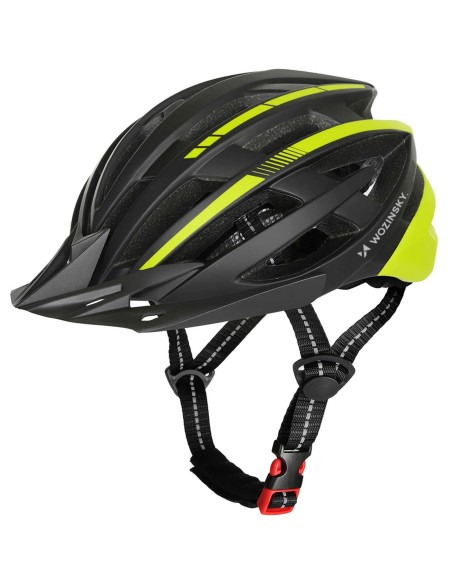 
MTB dviračio šalmas su nuimamu skydeliu ir USB galiniu žibintu 57–62 cm – juodas ir geltonas
