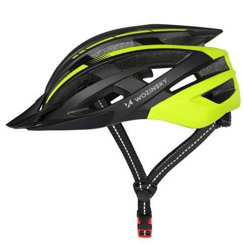 
MTB dviračio šalmas su nuimamu skydeliu ir USB galiniu žibintu 57–62 cm – juodas ir geltonas
