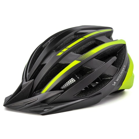 
MTB dviračio šalmas su nuimamu skydeliu ir USB galiniu žibintu 57–62 cm – juodas ir geltonas
