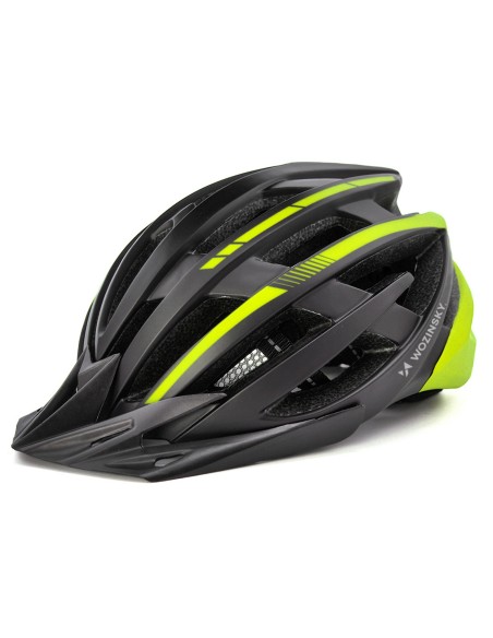 
MTB dviračio šalmas su nuimamu skydeliu ir USB galiniu žibintu 57–62 cm – juodas ir geltonas
