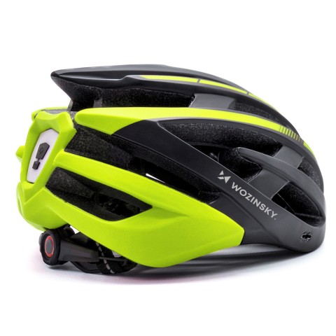 
MTB dviračio šalmas su nuimamu skydeliu ir USB galiniu žibintu 57–62 cm – juodas ir geltonas
