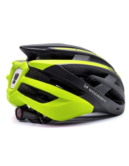 
MTB dviračio šalmas su nuimamu skydeliu ir USB galiniu žibintu 57–62 cm – juodas ir geltonas

