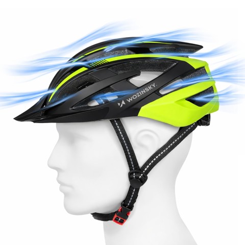 
MTB dviračio šalmas su nuimamu skydeliu ir USB galiniu žibintu 57–62 cm – juodas ir geltonas
