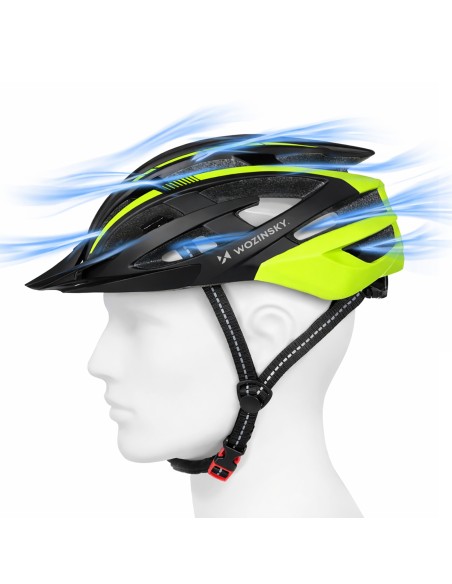 
MTB dviračio šalmas su nuimamu skydeliu ir USB galiniu žibintu 57–62 cm – juodas ir geltonas
