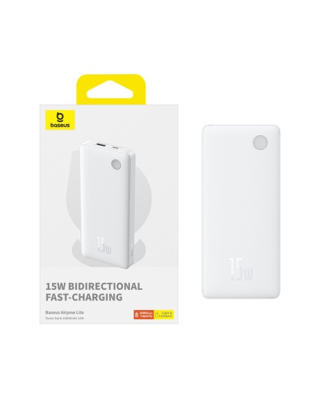 
10000mAh 15W „Airpow Lite“ nešiojamas įkroviklis su USB-A - USB-C laidu, 30 cm, baltas
