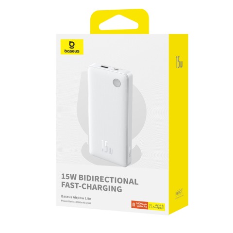 
10000mAh 15W „Airpow Lite“ nešiojamas įkroviklis su USB-A - USB-C laidu, 30 cm, baltas
