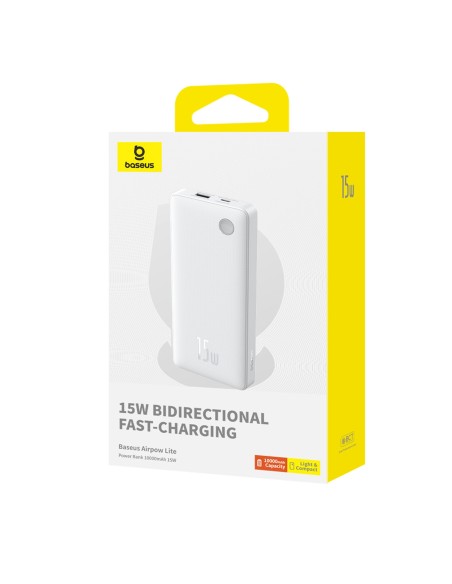 
10000mAh 15W „Airpow Lite“ nešiojamas įkroviklis su USB-A - USB-C laidu, 30 cm, baltas
