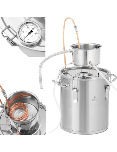 Nerūdijančio plieno distiliatorius su varine spirale, termometru ir alkoholio matuokliu, 20 l Nerūdijančio plieno distiliatorius su varine spirale, termometru ir alkoholio matuokliu, 20 l