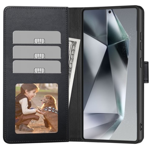
„Samsung Galaxy S26 Ultra“ piniginės dėklas su stovu – juodas
