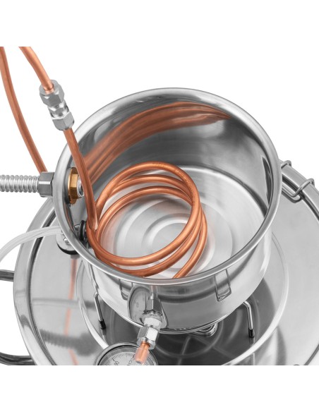 Nerūdijančio plieno distiliatorius su varine spirale, termometru ir alkoholio matuokliu, 20 l Nerūdijančio plieno distiliatorius su varine spirale, termometru ir alkoholio matuokliu, 20 l