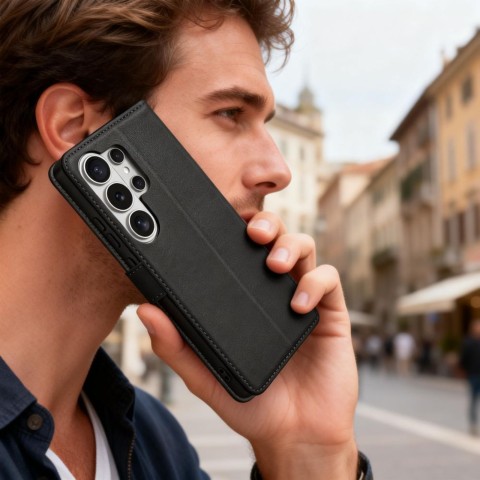 
„Samsung Galaxy S26 Ultra“ piniginės dėklas su stovu – juodas
