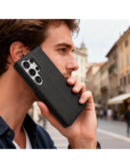 
„Samsung Galaxy S26 Ultra“ piniginės dėklas su stovu – juodas
