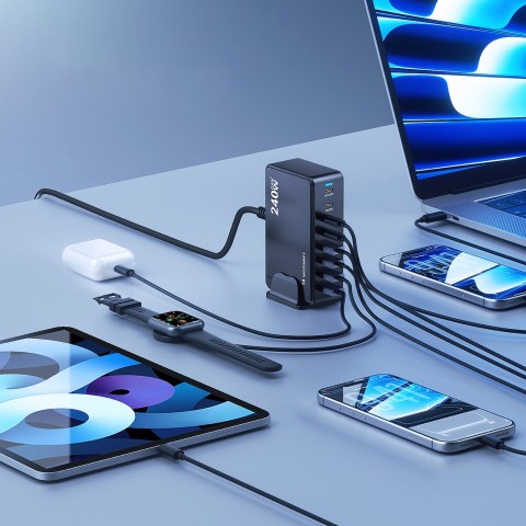 
Stalinė įkrovimo stotelė 4x USB-A 4x USB-C GaN QC3 240W - juoda
