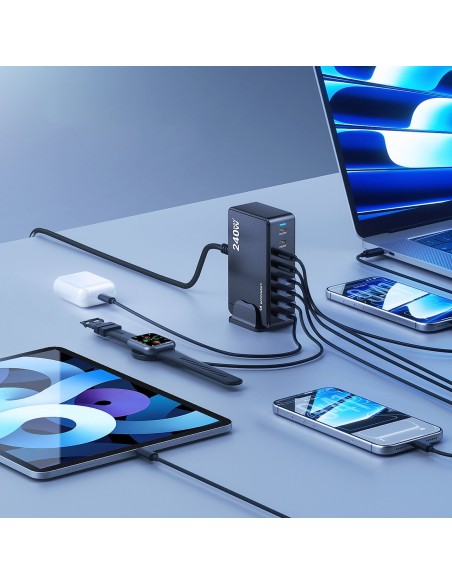 
Stalinė įkrovimo stotelė 4x USB-A 4x USB-C GaN QC3 240W - juoda
