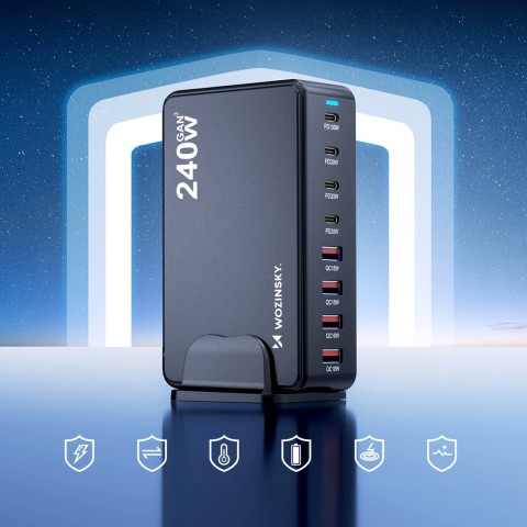 
Stalinė įkrovimo stotelė 4x USB-A 4x USB-C GaN QC3 240W - juoda
