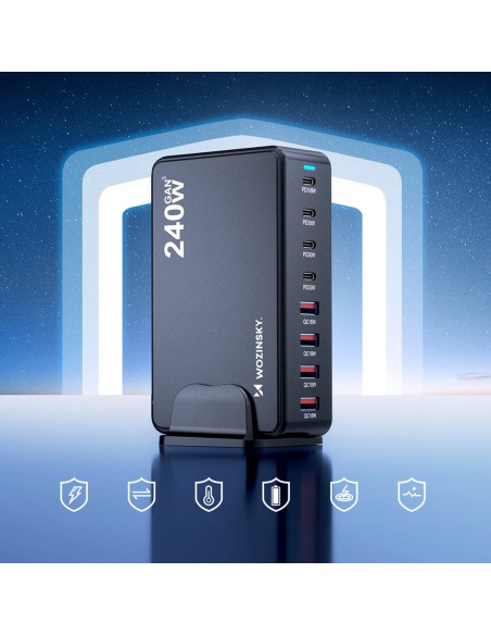 
Stalinė įkrovimo stotelė 4x USB-A 4x USB-C GaN QC3 240W - juoda
