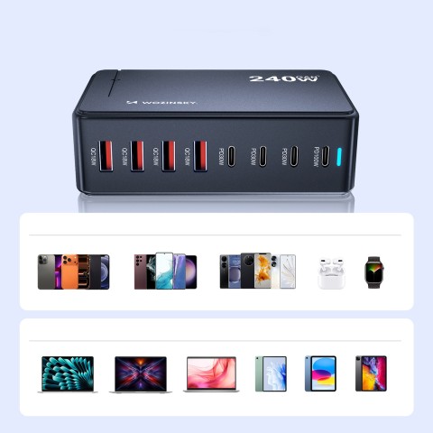
Stalinė įkrovimo stotelė 4x USB-A 4x USB-C GaN QC3 240W - juoda
