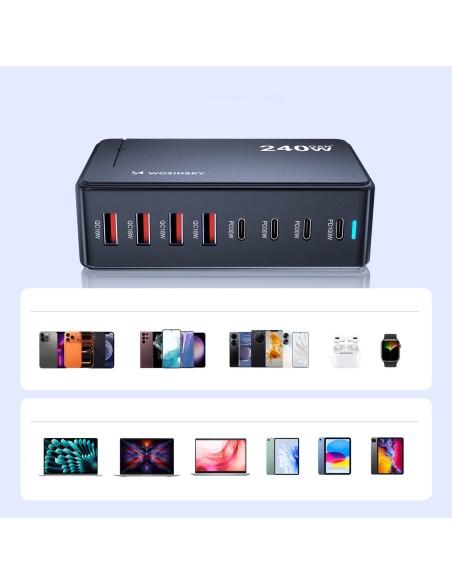 
Stalinė įkrovimo stotelė 4x USB-A 4x USB-C GaN QC3 240W - juoda

