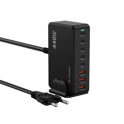 
Stalinė įkrovimo stotelė 3x USB-A 5x USB-C GaN QC3 440W - juoda
