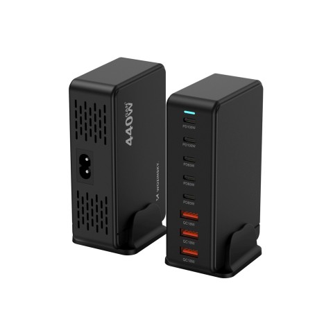 
Stalinė įkrovimo stotelė 3x USB-A 5x USB-C GaN QC3 440W - juoda

