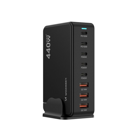 
Stalinė įkrovimo stotelė 3x USB-A 5x USB-C GaN QC3 440W - juoda
